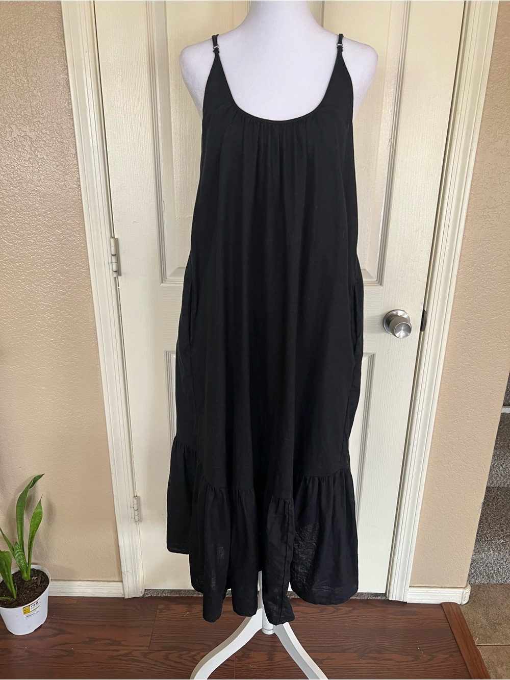 Black Linen Feel Maxi Dress Tiered Ruffle Hem Adjustable Straps